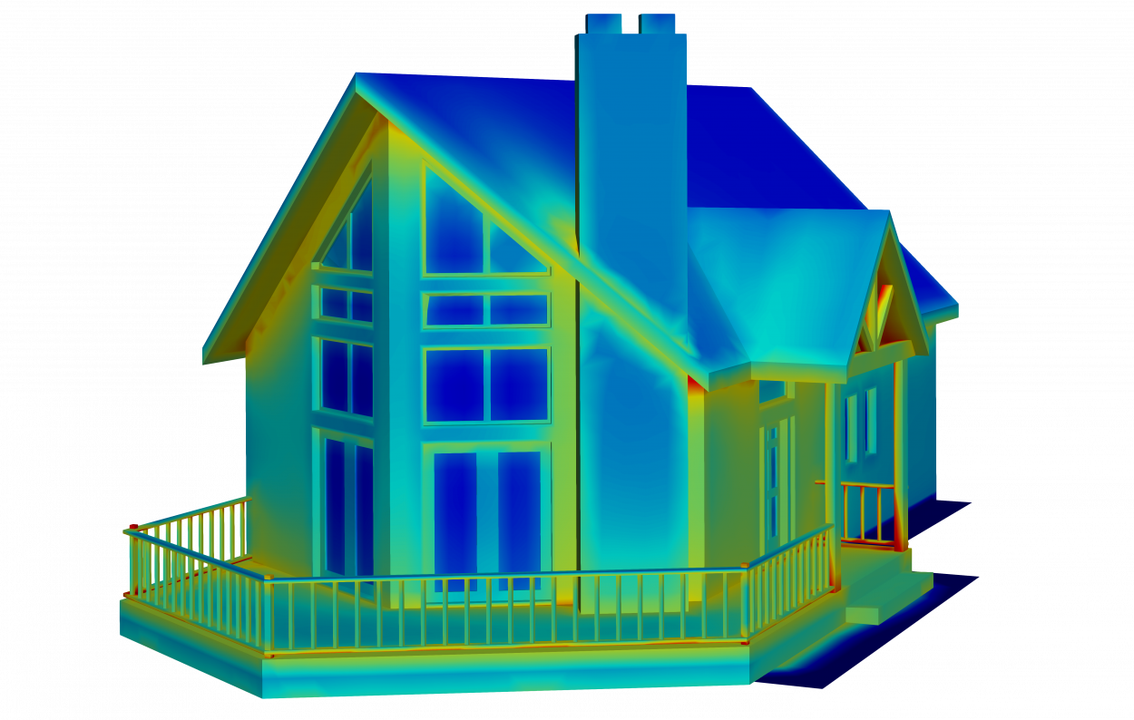 thermal model of a house with large windows and steep roof for architecture analysis