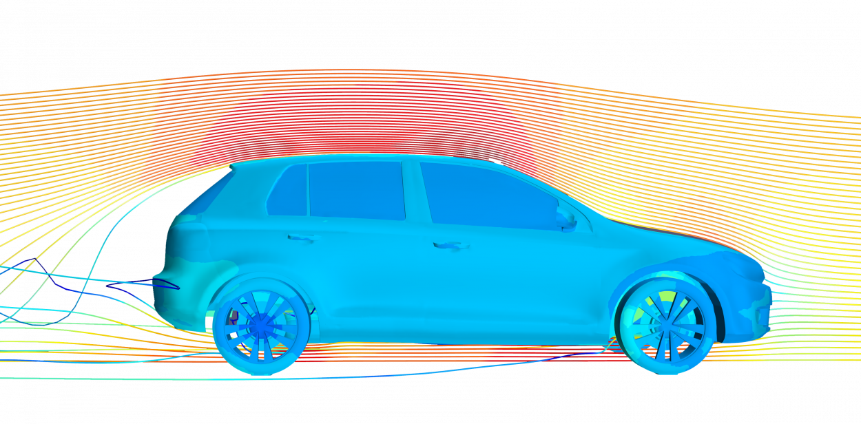 profile view of volkswagon golf with cfd streamlines over windshield and underbody for thermal simulation