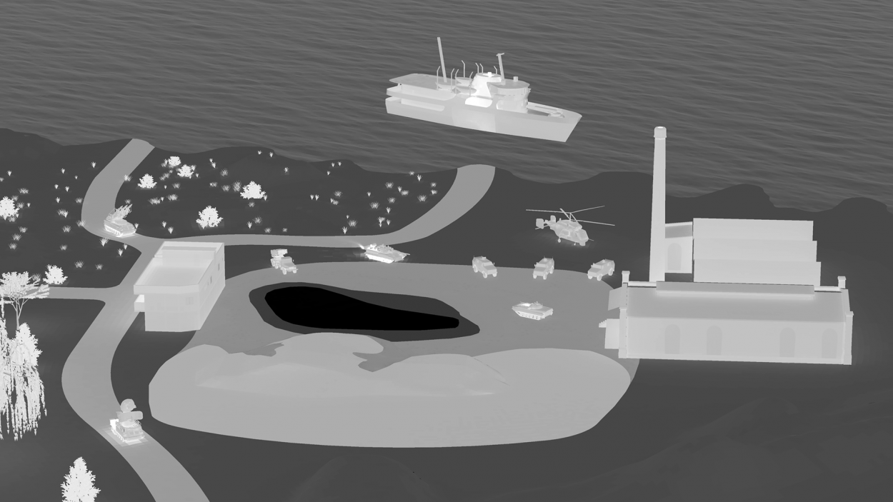MuSES scene with building tank and ship