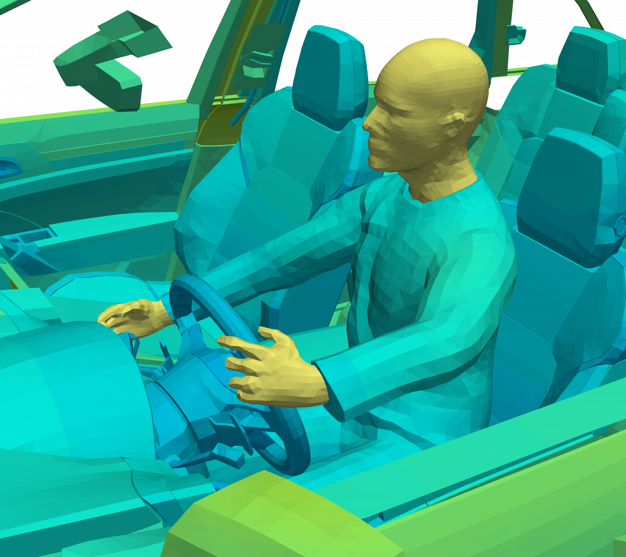 thermal simulation rendering of a human sitting in a car from the drivers window