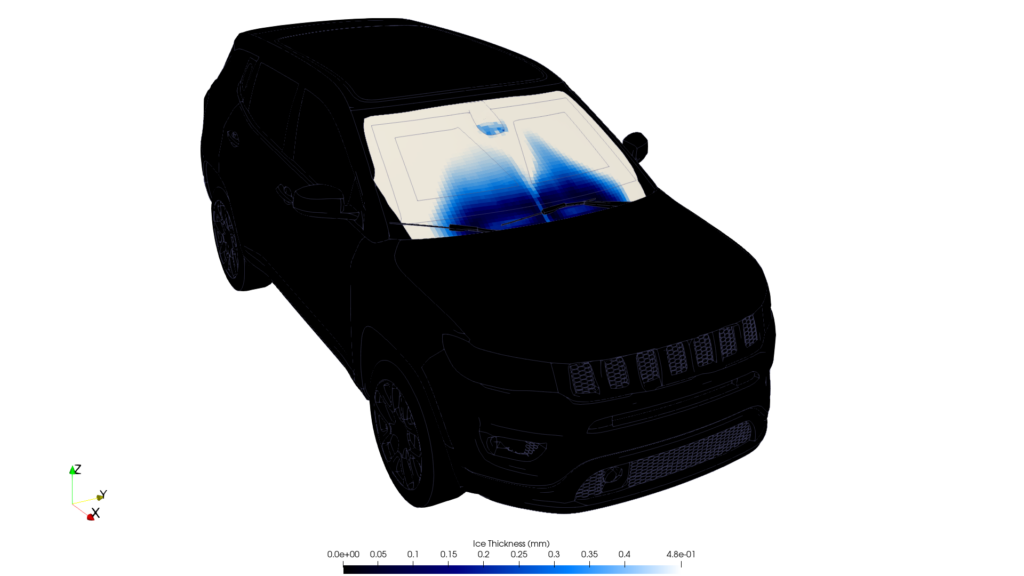 Windshield defrost simulation showing ice thickness clearing across the vehicle windshield