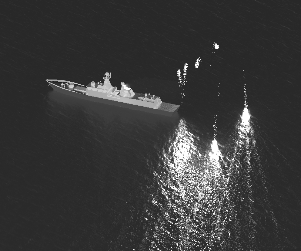 man-at-computer Maritime target signatures simulation showing a naval vessel deploying flare countermeasures at night