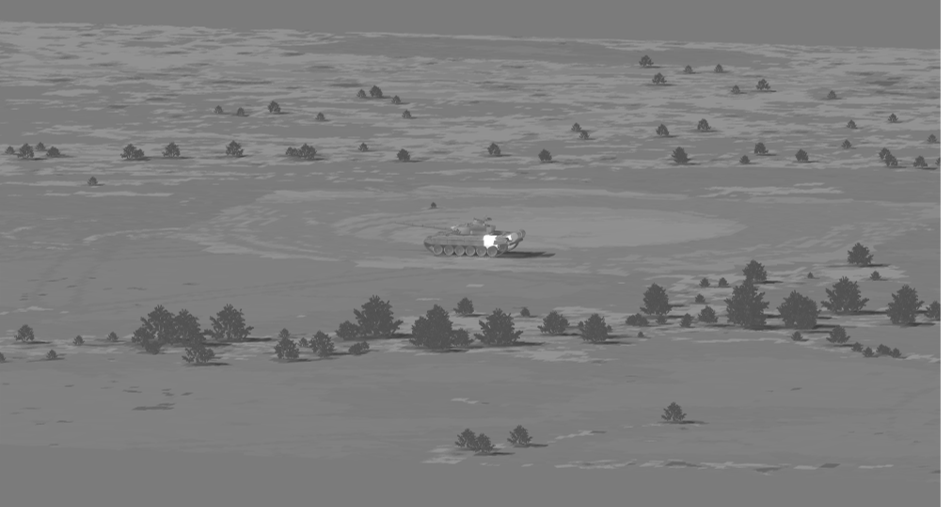 Synthetic target simulation showing thermal signature of a ground vehicle in a terrain scene