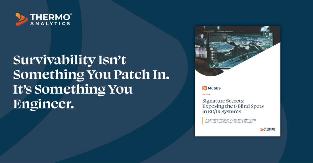man-at-computer Signature Secrets eBook cover with an infrared targeting display, paired with the headline Survivability Isn't Something You Patch In, It's Something You Engineer