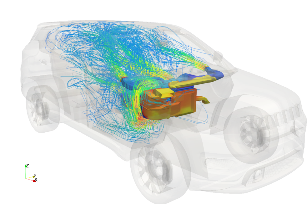 man-at-computer RapidFlow airflow simulation showing cabin cooldown and electronics thermal behavior in a vehicle