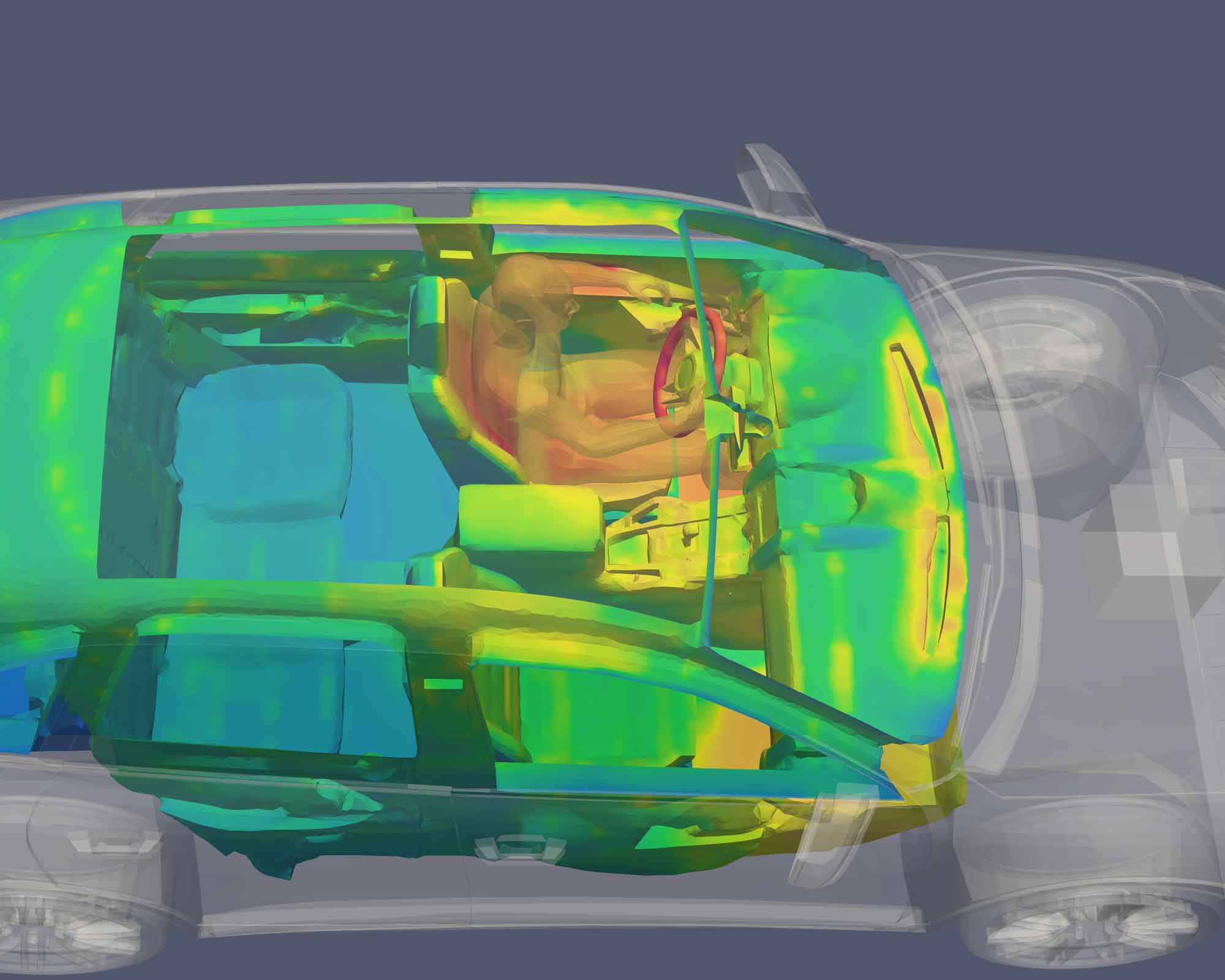 Transparent cutaway of a vehicle cabin with a seated driver, overlaid with a color-coded thermal map showing heat distribution across interior surfaces and the occupant.