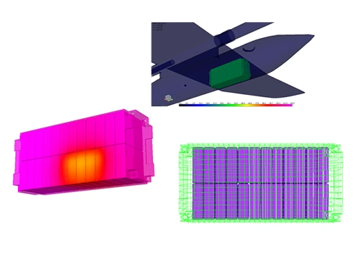 Battery and aircraft components showing localized heating and mesh structure.