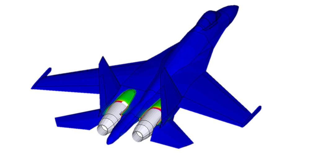 Thermal simulation of a fighter jet highlighting heat around engines and exhaust areas.