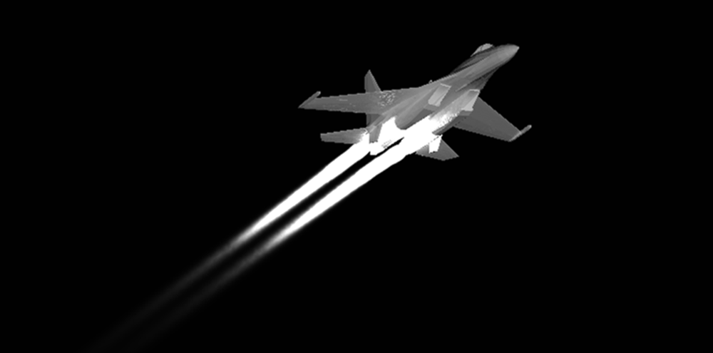 Infrared rendering of a jet aircraft showing hot exhaust plume trailing behind.