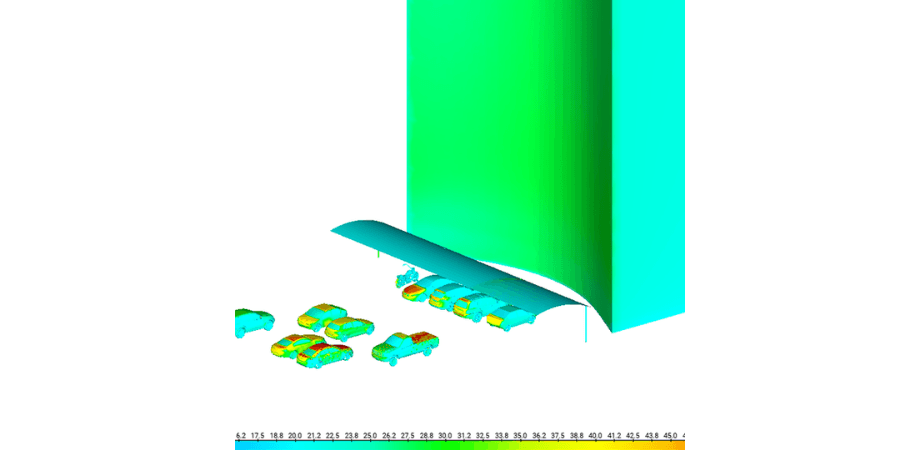 Solar loading depiction of cars under an awning and not