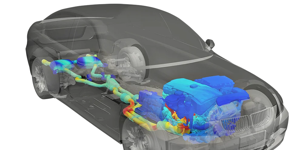 Transparent car with engine and exhaust system heat distribution highlighted.