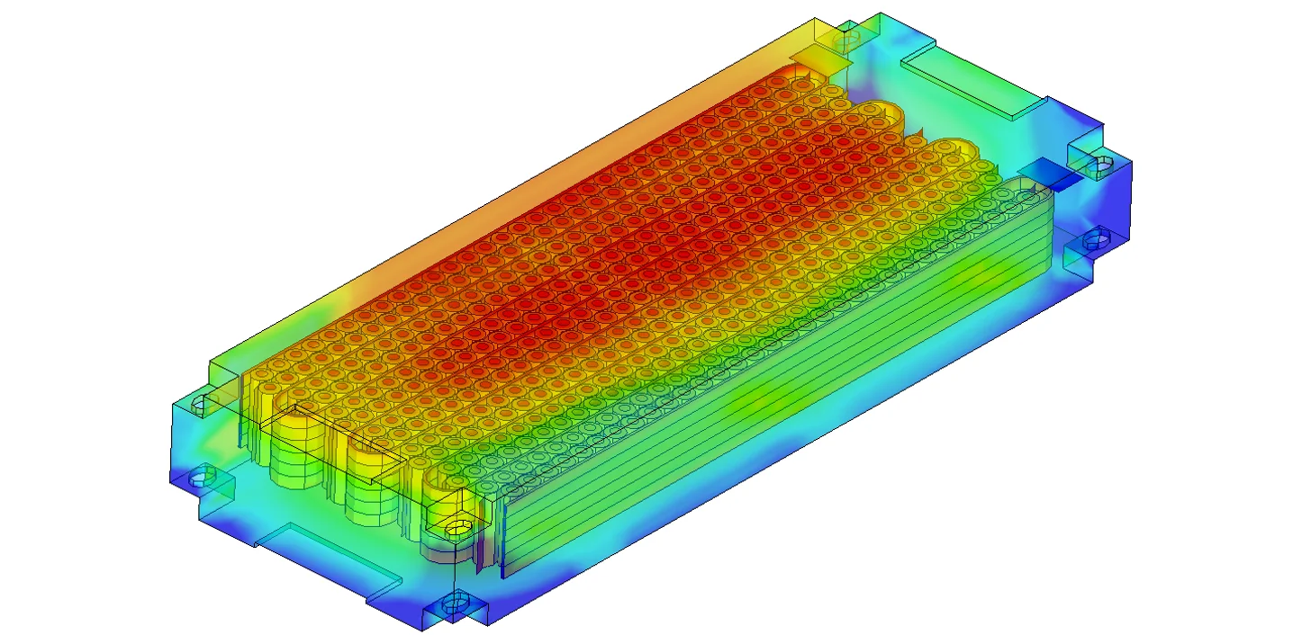 Thermal simulation of a battery pack showing temperature gradients across cells and cooling plate structure.