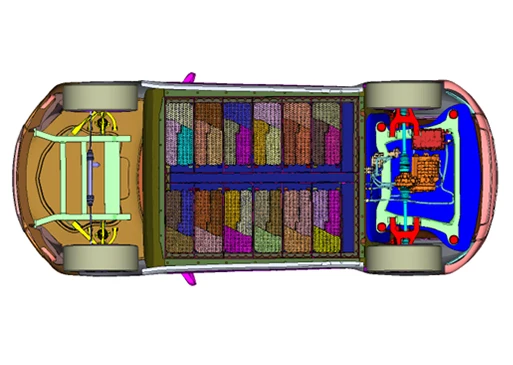 Top-down view of a vehicle chassis showing battery modules arranged in rows beneath the cabin and drivetrain components at the front.