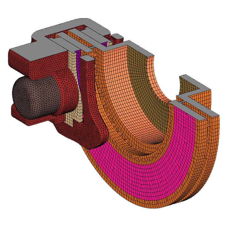 Cross-sectional finite element model of a brake component, displaying layered materials and mesh structure with color-coded regions indicating different properties or temperatures.