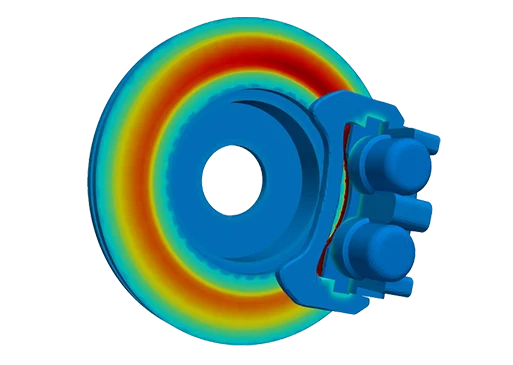 Brake disc and caliper thermal map showing heat concentration around the rotor surface, with a circular gradient from cooler blue center to hotter red outer ring.