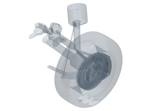 Semi-transparent view of a vehicle suspension and braking system, highlighting the wheel, brake assembly, and connected components within the chassis.