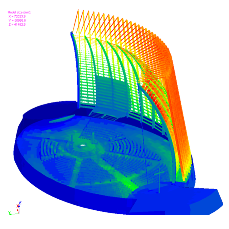 CFD simulation of airflow over a curved architectural structure, showing velocity or pressure distribution with colors transitioning from blue (low) to red (high).