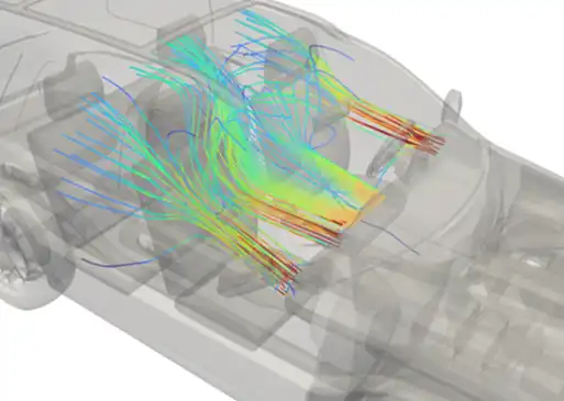application-sample Vehicle interior airflow simulation with streamlines over seats and dashboard.