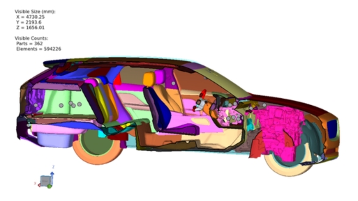 Exploded CAD model of a full vehicle cross-section showing 362 interior components and assemblies, color-coded by part, including seating, HVAC ducting, trim panels, and structural elements.