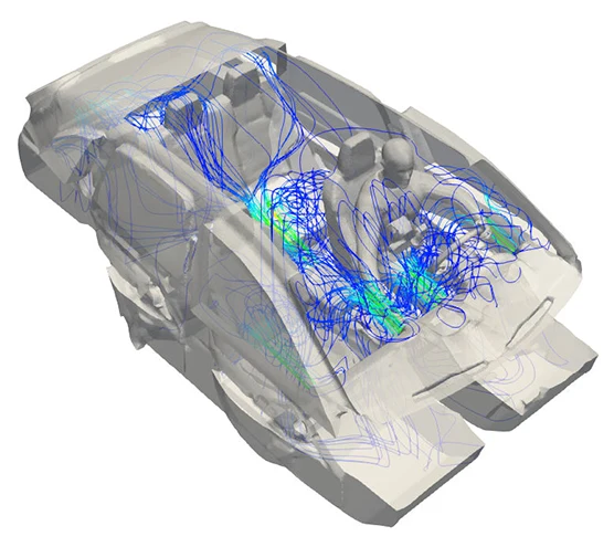 application-sample Transparent vehicle interior with airflow streamlines showing air movement through the cabin around seated occupants, highlighting circulation patterns.