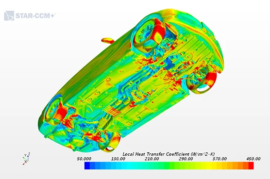 Underside view of a vehicle with a heat transfer coefficient map, showing variations across components with a color scale from blue (low) to red (high).