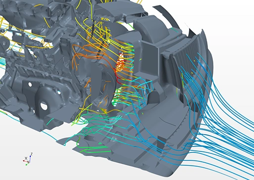 Engine bay airflow simulation with colored streamlines illustrating how air flows through and around engine components and exits the front grille.