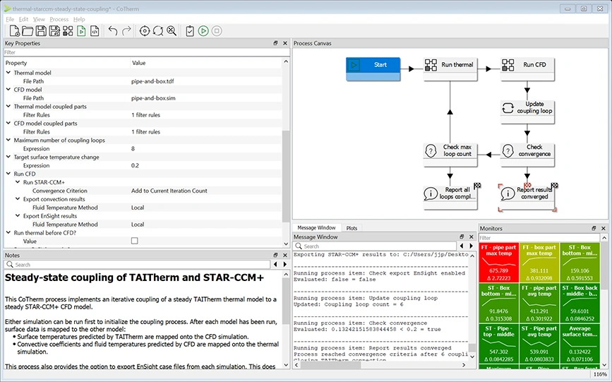 oftware interface showing a CoTherm workflow for coupled CFD and thermal simulation with process steps, variables, and convergence monitoring.