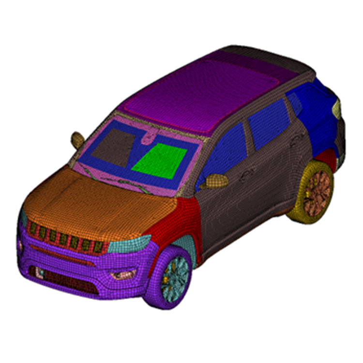 Vehicle model with simulation mesh and HVAC settings panel for defrost/defog analysis.