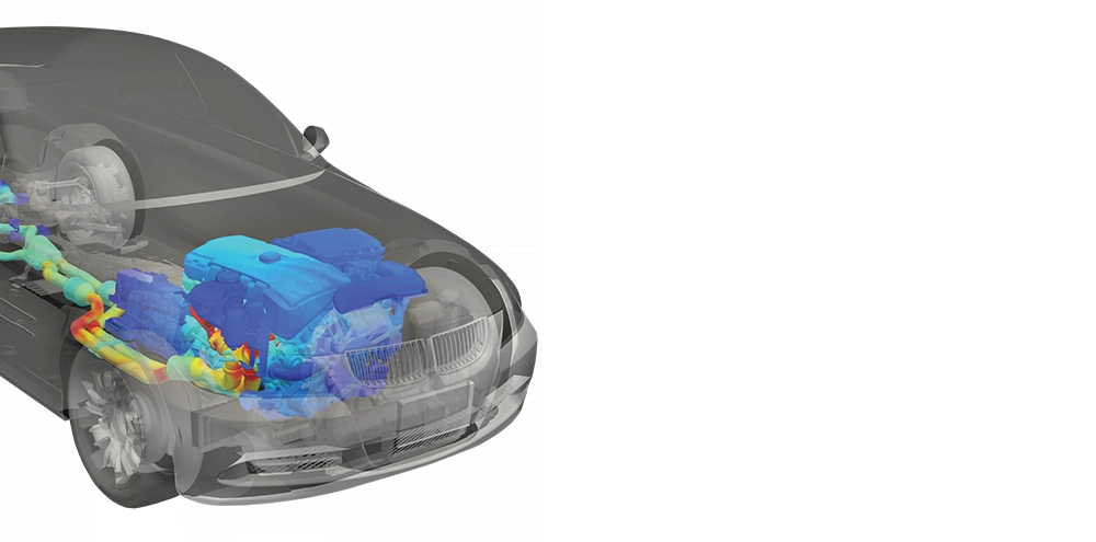 Cutaway view of a vehicle showing internal exhaust routing and thermal gradients along the system from engine to rear.