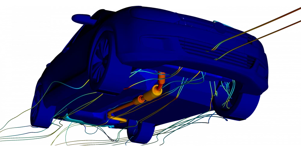 Low-angle CFD visualization of airflow beneath a car, highlighting exhaust components and streamlines moving under the chassis.