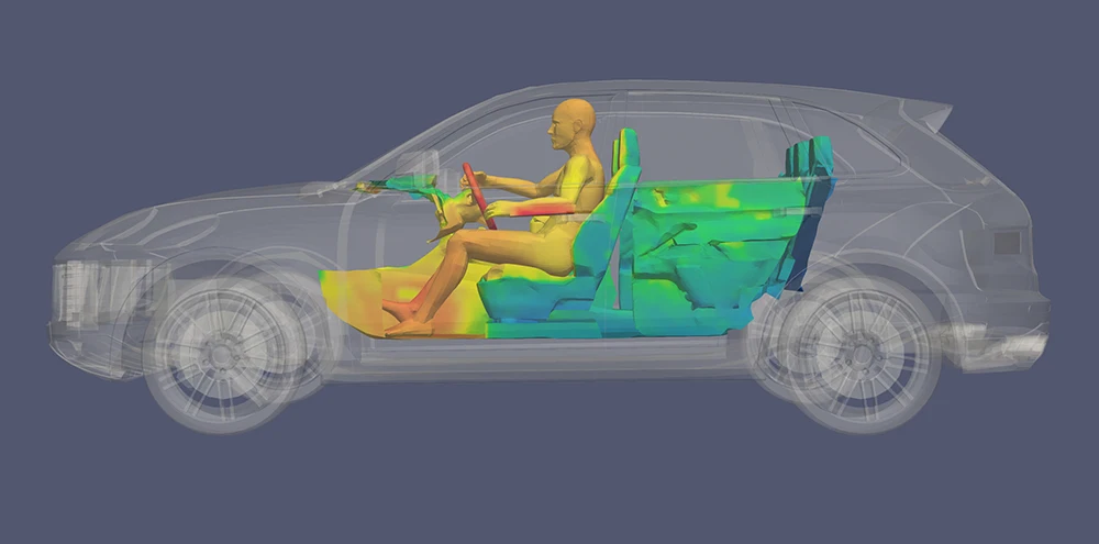 Interior cabin thermal comfort simulation showing a seated driver with temperature gradients across seats, dashboard, and cabin surfaces.