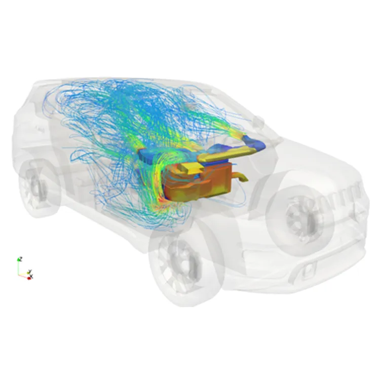 Vehicle thermal airflow simulation showing heat and air circulation around engine components.