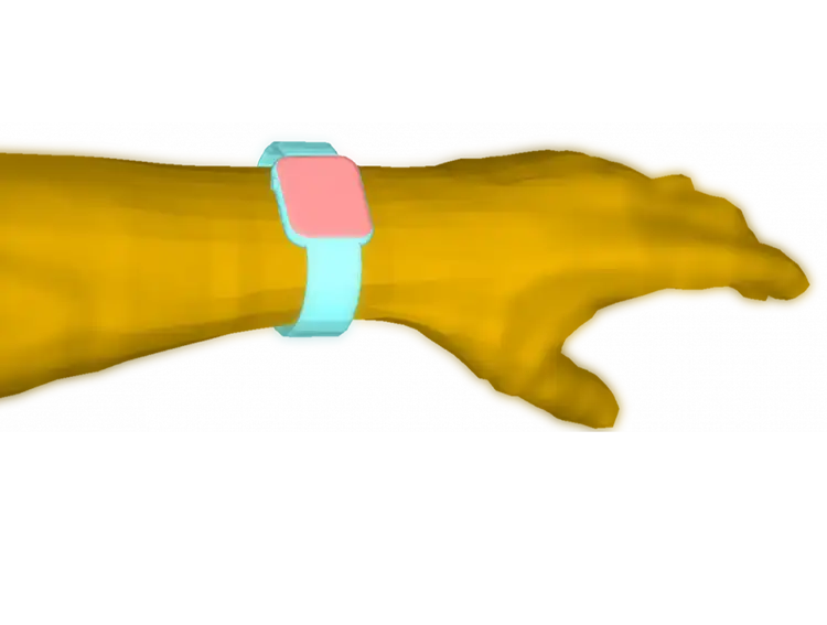 Wrist wearing a smartwatch with thermal visualization of heat distribution on skin and device.