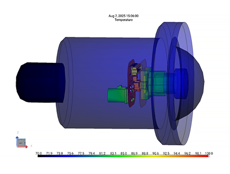 Cylindrical electronic assembly cutaway with internal components and temperature distribution.