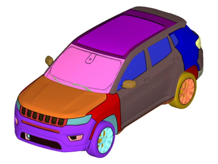 Vehicle model with color-coded surface temperatures across exterior components.