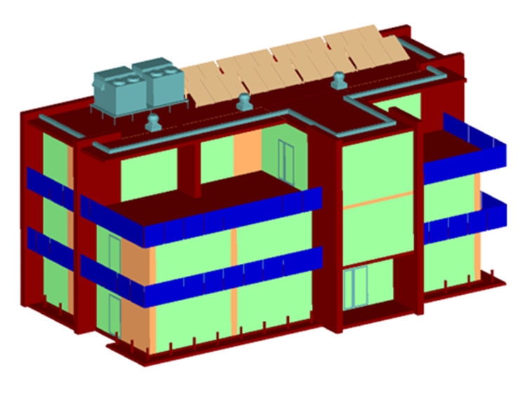 Building model with color-coded thermal distribution across walls, roof, and balconies.