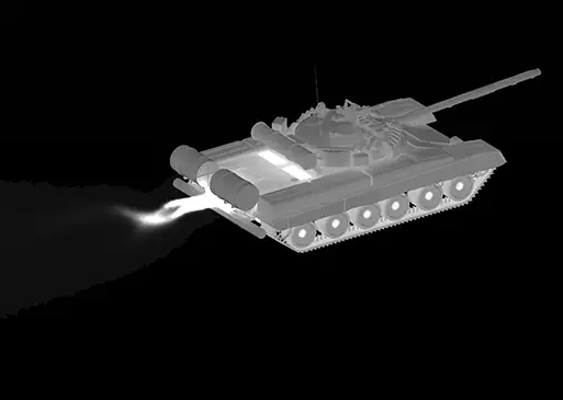 Thermal rendering of a tank with visible exhaust plume.