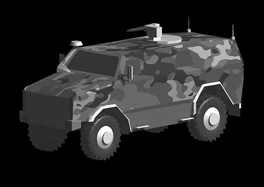 Camouflaged armored vehicle shown in grayscale rendering.