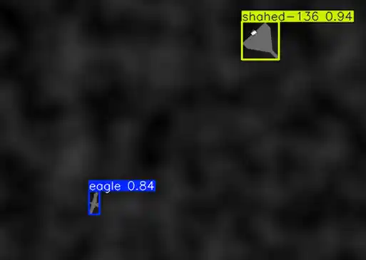 Thermal detection view with labeled objects (drone and bird) identified in low-resolution imagery.