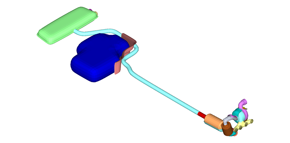 Isolated 3D model of an automotive exhaust system with pipes, muffler, and catalytic components color-coded.
