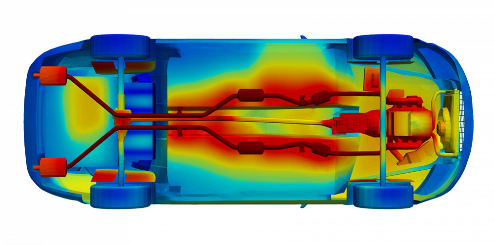 Top-down thermal simulation of a vehicle underbody showing heat distribution along the exhaust system, with red indicating high temperatures.