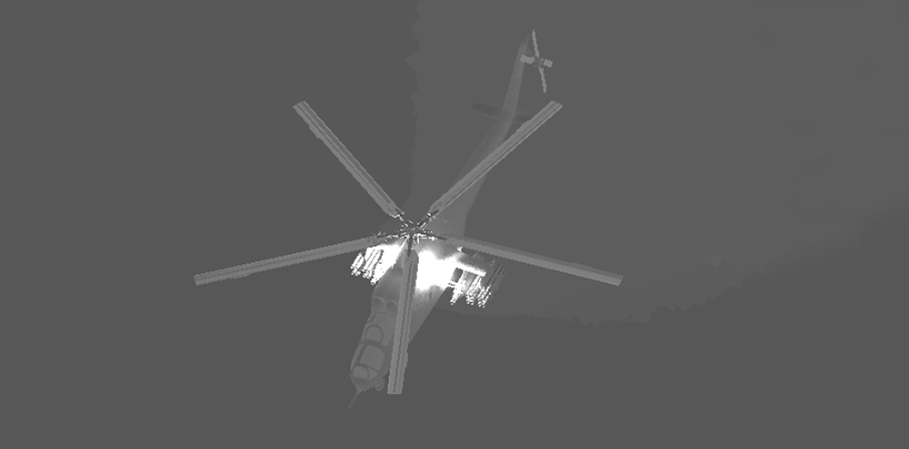 Grayscale aerial simulation of a helicopter showing rotor-induced airflow or pressure distribution.