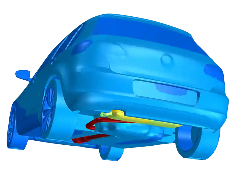 Underside vehicle view with heat map highlighting exhaust system temperature.