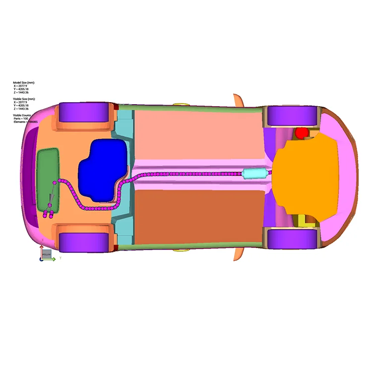 Simplified top-down vehicle model highlighting fuel system routing and component layout.