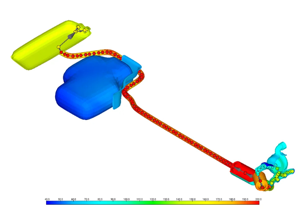 Fuel system layout showing tank, lines, and engine components with temperature distribution.