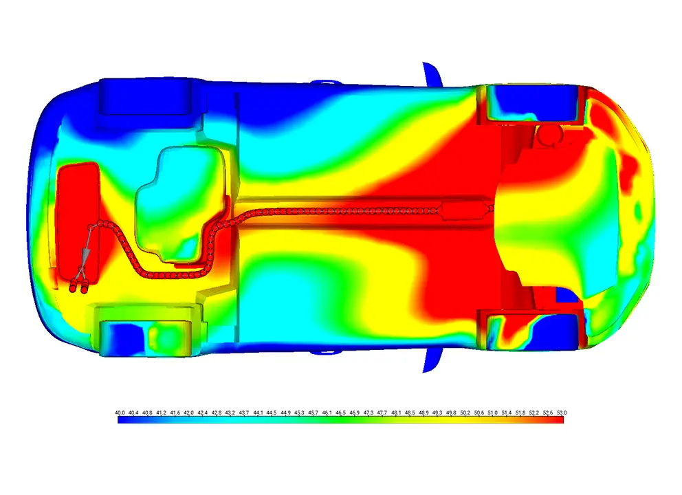 Top-down vehicle thermal map highlighting heat distribution across fuel system and cabin floor.