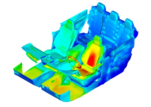 application-sample Vehicle interior thermal simulation highlighting heated seat and surrounding cabin surfaces.
