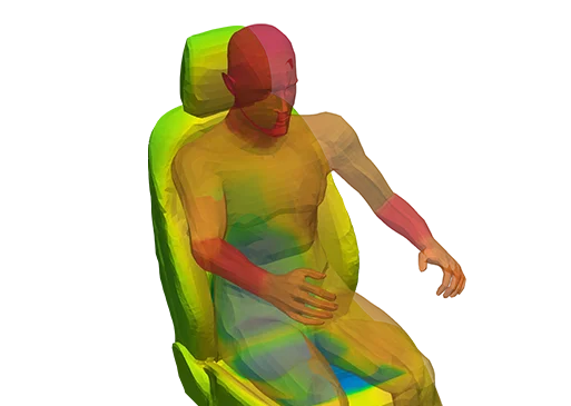 Vehicle interior thermal simulation highlighting heated seat and surrounding cabin surfaces.