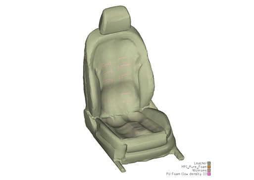 Car seat model with internal heating elements and material layers labeled.