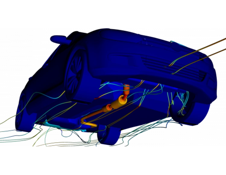 Underside of vehicle with airflow streamlines showing heat flow around exhaust and underbody.